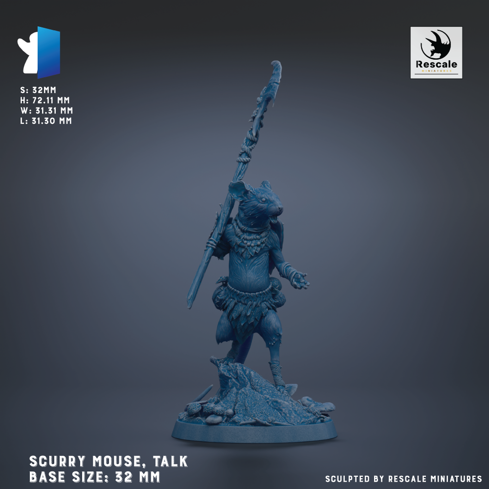 A blue figurine of a mouse-like creature, possibly a mouse or a similar rodent-like figure, standing on a rock and holding a spear. The figurine is described as a "scurry mouse, talk base size: 32 mm" and is shown against a dark background.
