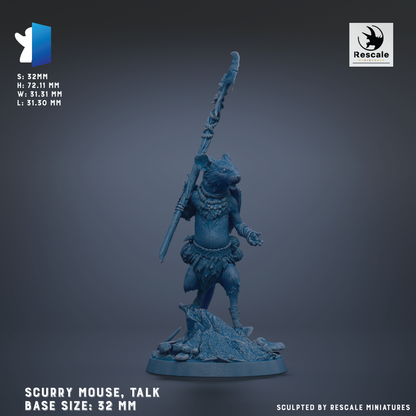 A blue figurine of a mouse-like creature, possibly a mouse or a similar rodent-like figure, standing on a rock and holding a spear. The figurine is described as a "scurry mouse, talk base size: 32 mm" and is shown against a dark background.