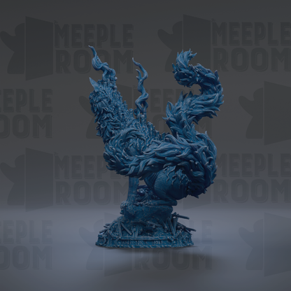 A blue, fantastical creature resembling a dragon or serpent with flowing, intricate patterns and flames emanating from its head and body.