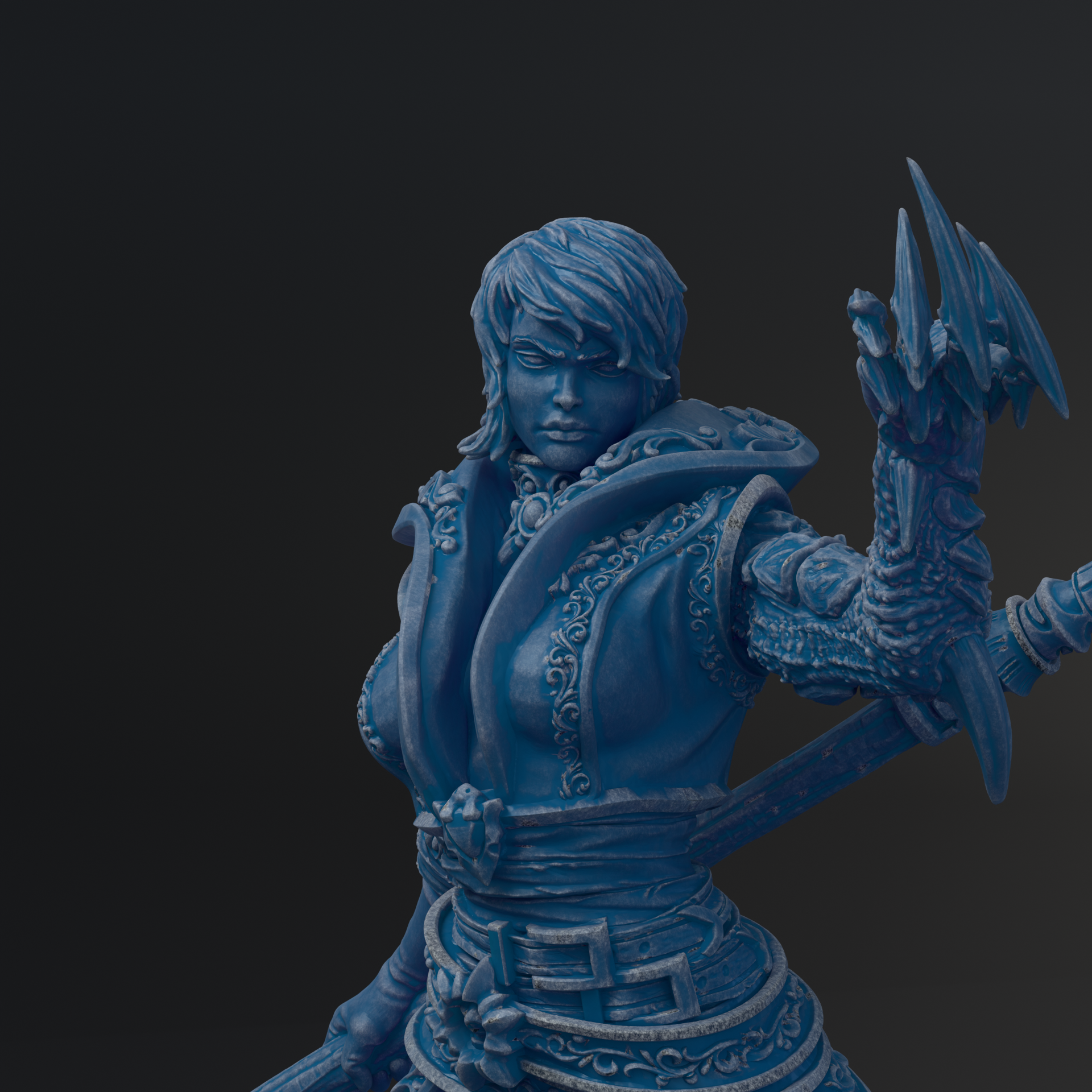 A blue, detailed statue of a woman with a sword in her hand, set against a dark background.