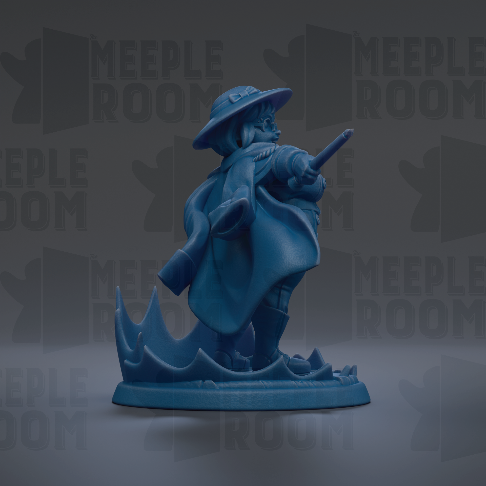 A blue figurine of a person holding a weapon, standing on a base, against a dark background with repeated text.