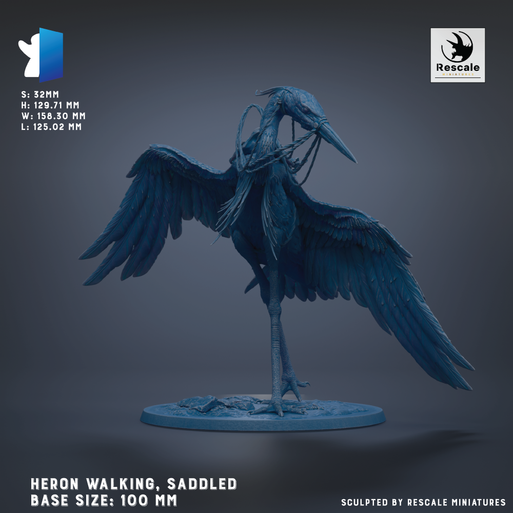 A detailed 3D model of a Heron, a large wading bird, is shown in a blue color. The Heron is depicted in a walking stance, with its wings spread wide. The base of the Heron is described as a 100 mm size. The image is a sculpture, and it is created by Rescale miniatures.