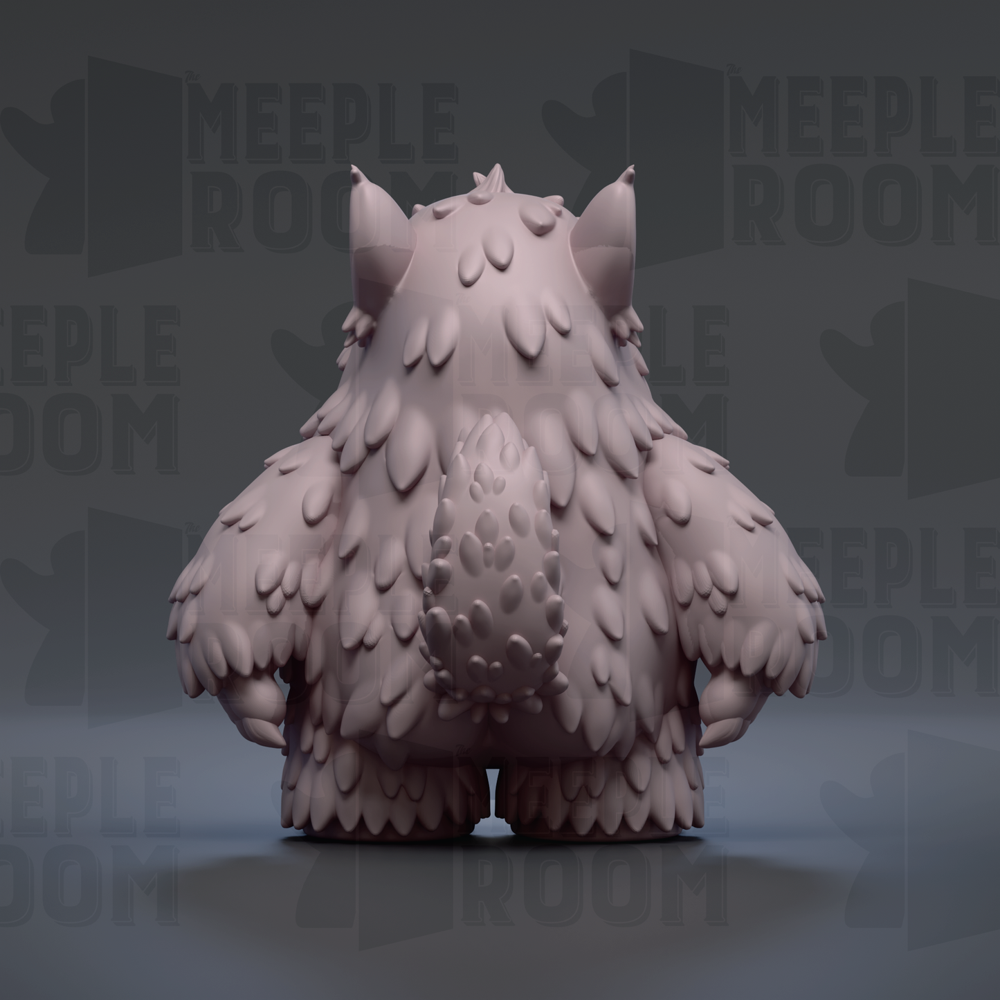A 3D rendering of a furry, cartoon-like creature with large ears and a small tail, set against a dark background with repeated text.