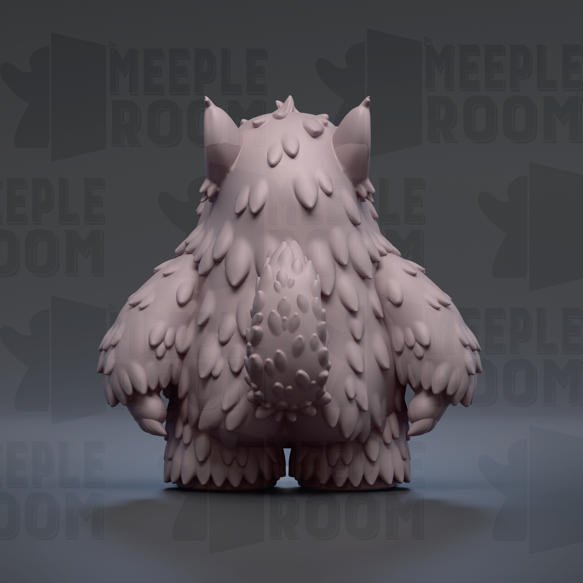 A 3D rendering of a furry, cartoon-like creature with large ears and a small tail, set against a dark background with repeated text.