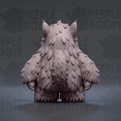 A 3D rendering of a furry, cartoon-like creature with large ears and a small tail, set against a dark background with repeated text.
