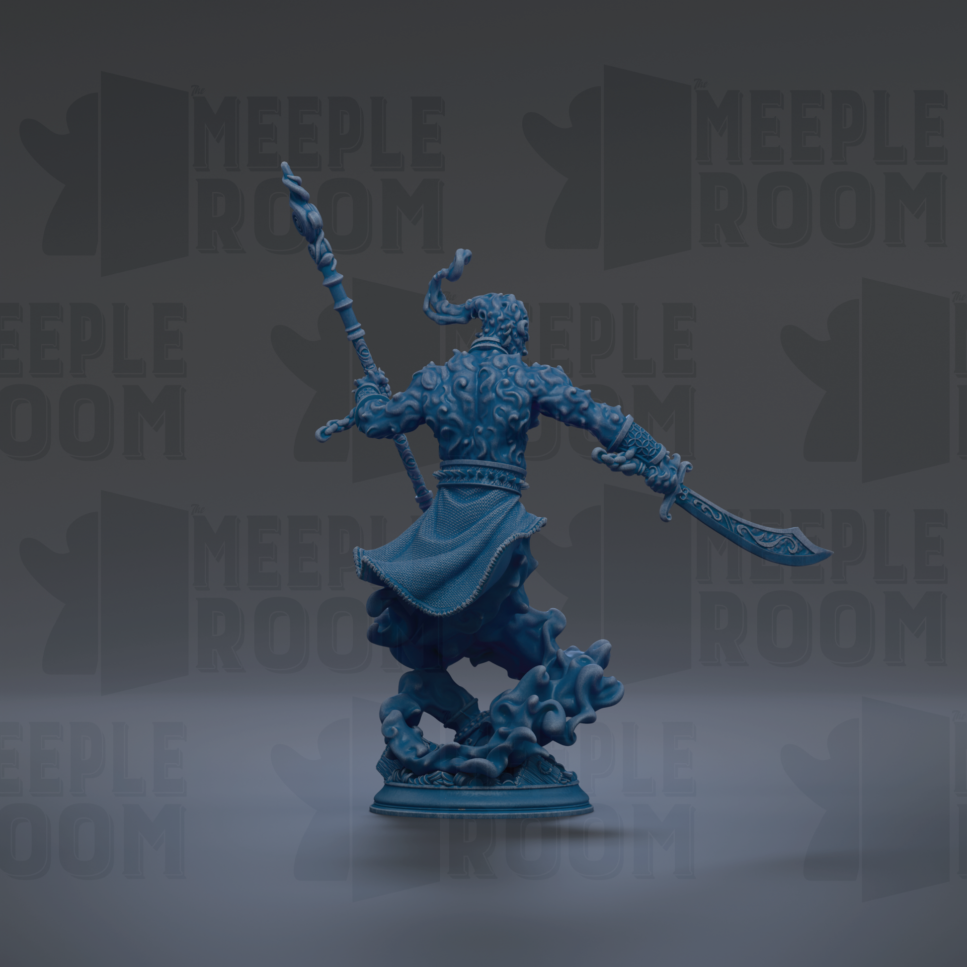 A blue figurine of a warrior wielding a sword and shield stands against a dark background with repeated "MEIPLE ROOM" text.
