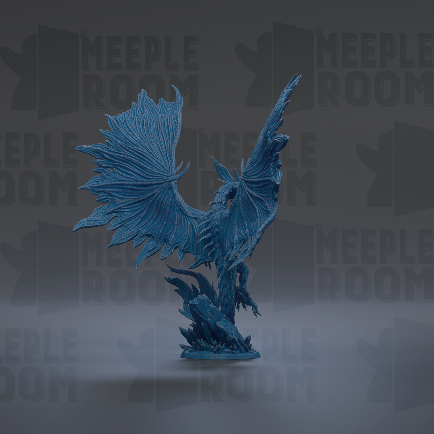 A blue dragon figurine with outstretched wings is the central focus of the image.
