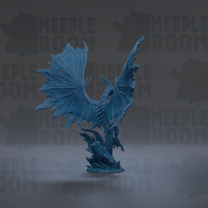 A blue dragon figurine with outstretched wings is the central focus of the image.