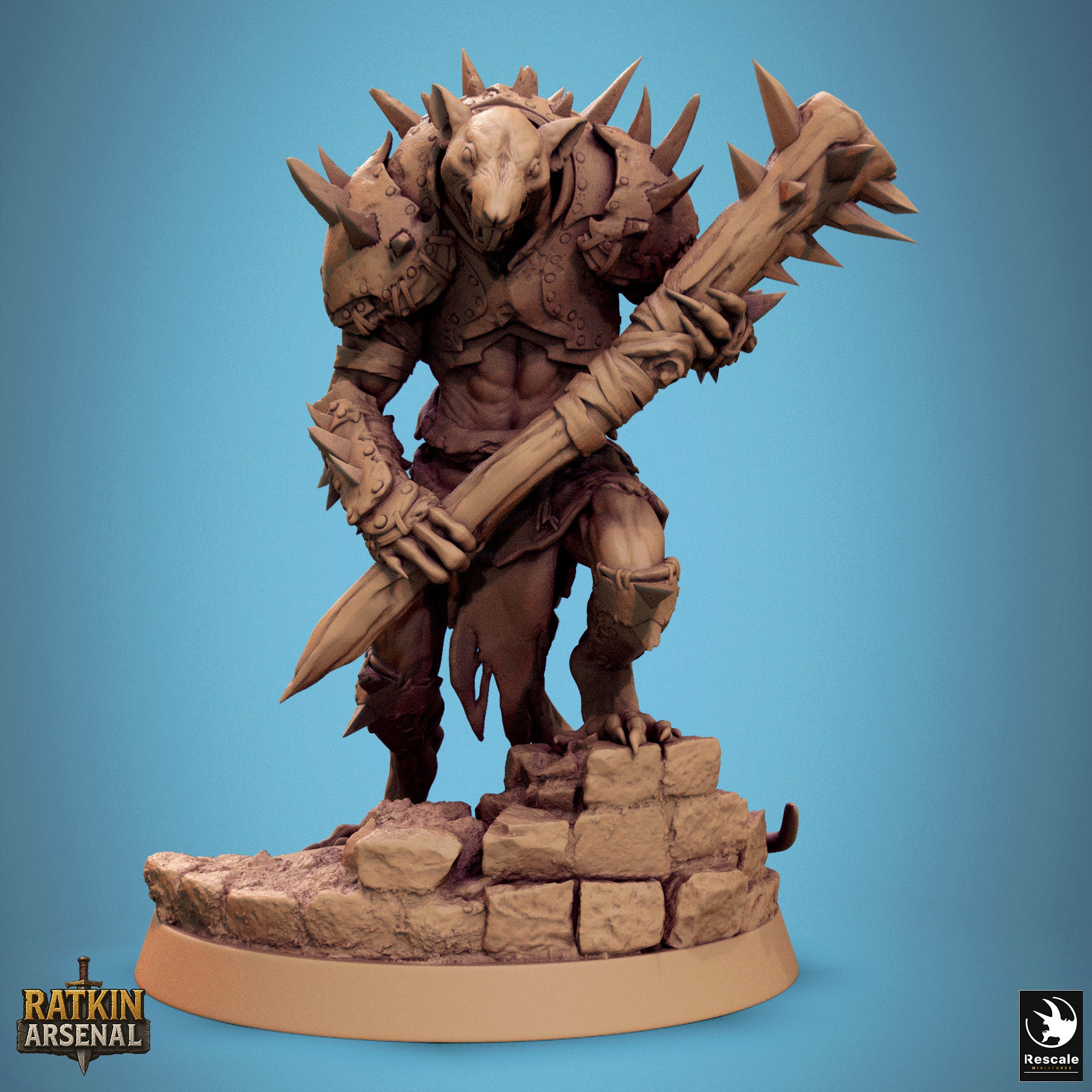 A 3D model of a heavily armored and armed fantasy creature, possibly a dragon or a monster, standing on a rock formation and holding a large weapon.
