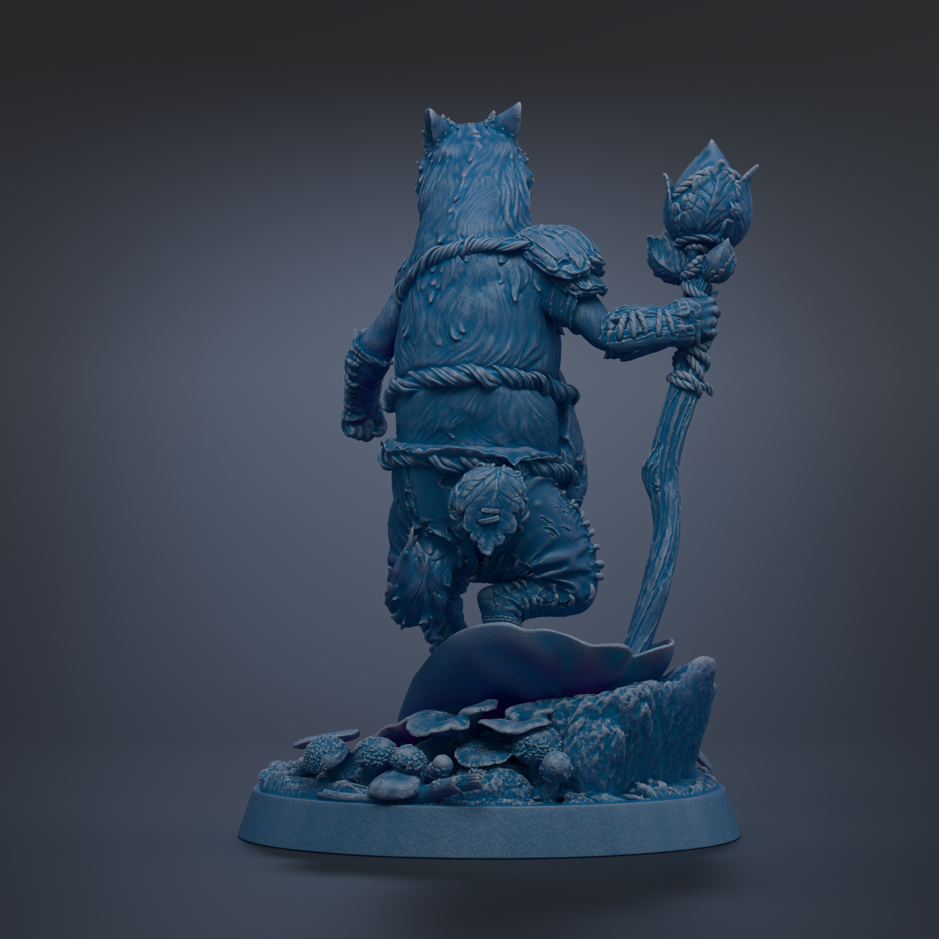 A blue, 3D-rendered statue of a wolf-like creature standing on a rock formation with mushrooms and other natural elements.