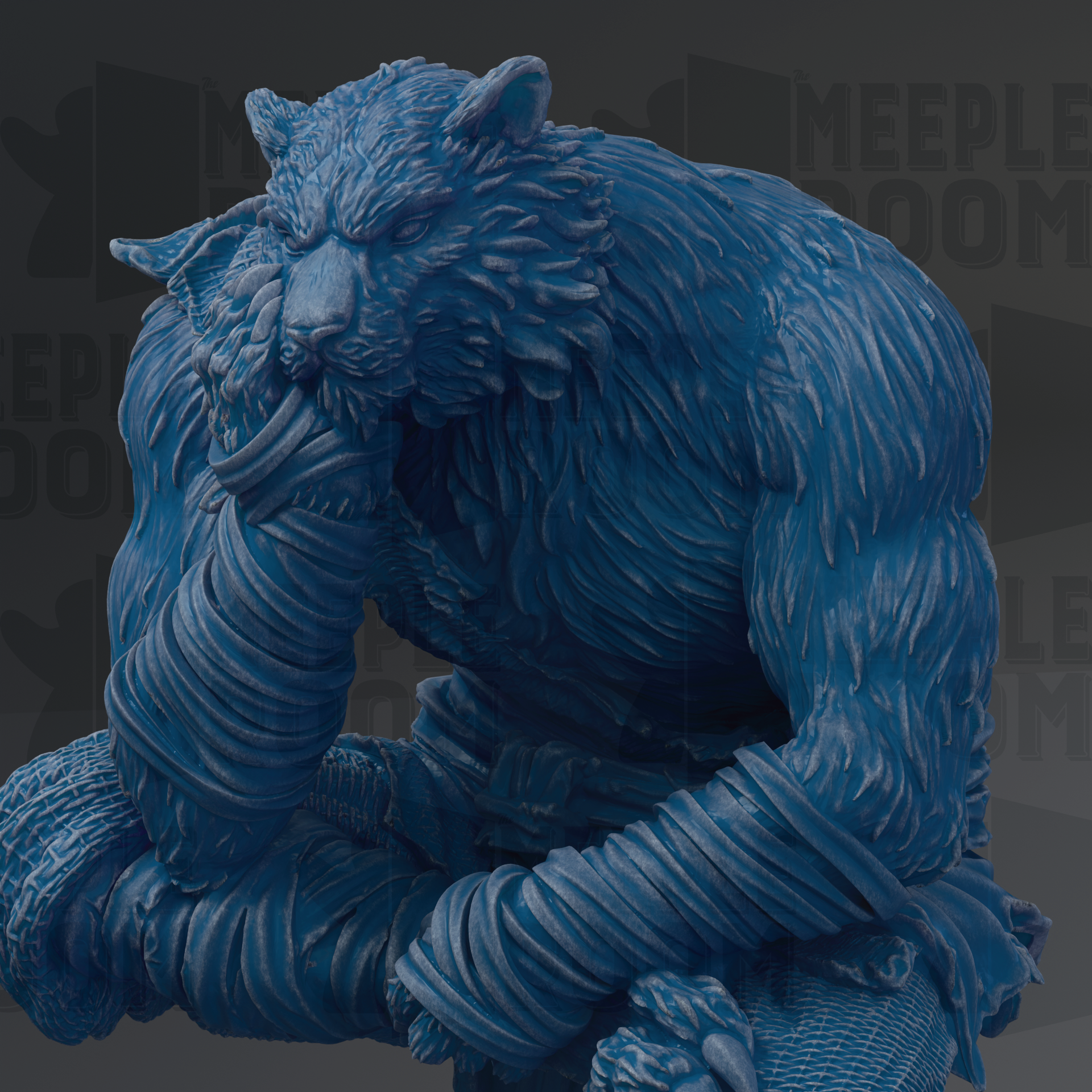 A blue, furry, monster-like creature with a fierce expression is depicted in the image.