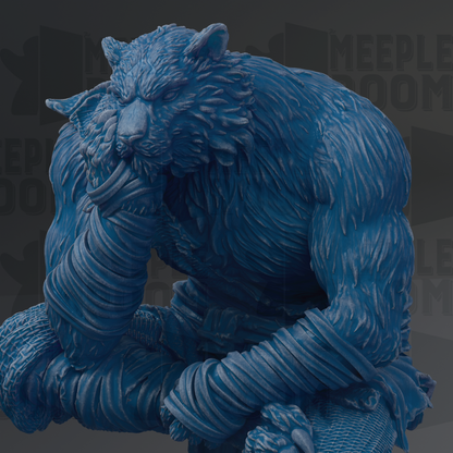 A blue, furry, monster-like creature with a fierce expression is depicted in the image.