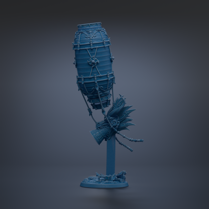 A blue, 3D-rendered dragon figurine is standing on a base, with its head and wings spread out.