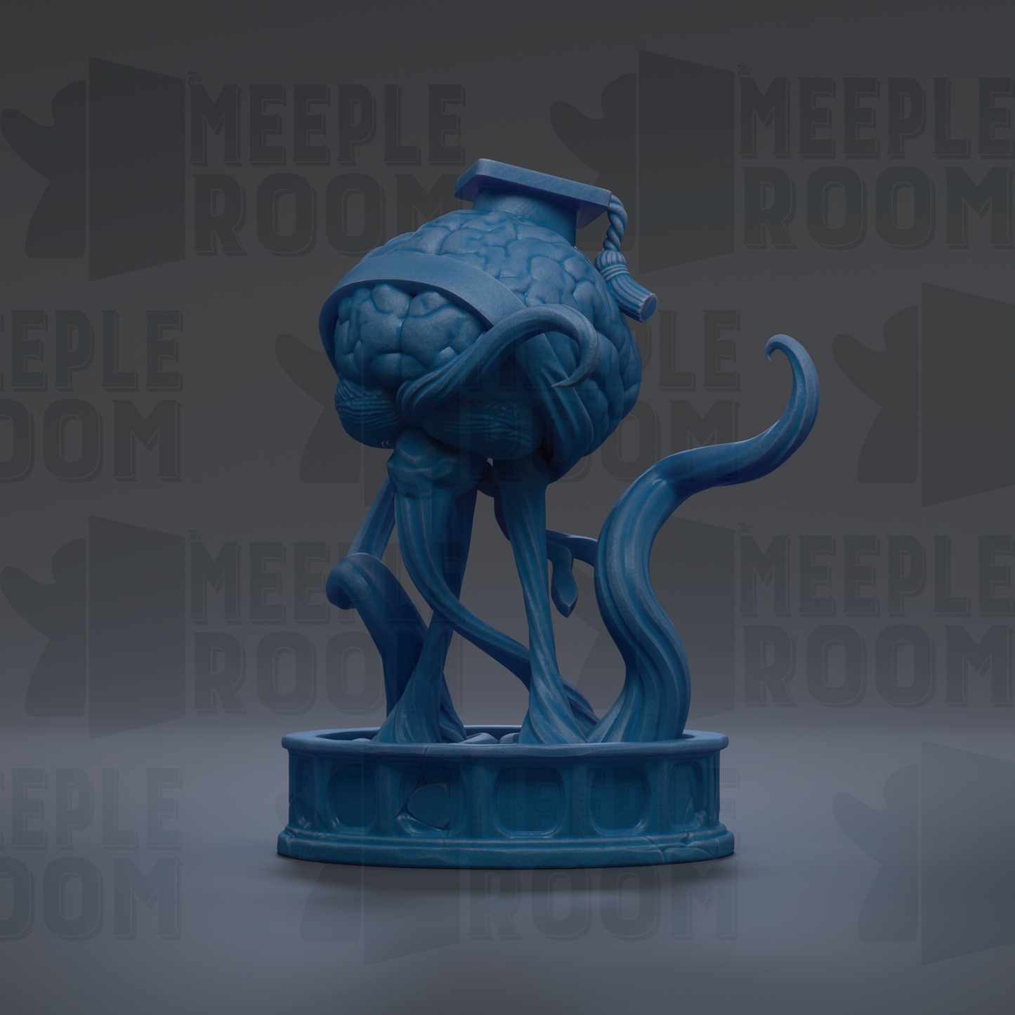 A blue, abstract sculpture resembling a brain or skull, with a graduation cap on top, is displayed against a dark background with repeated text.