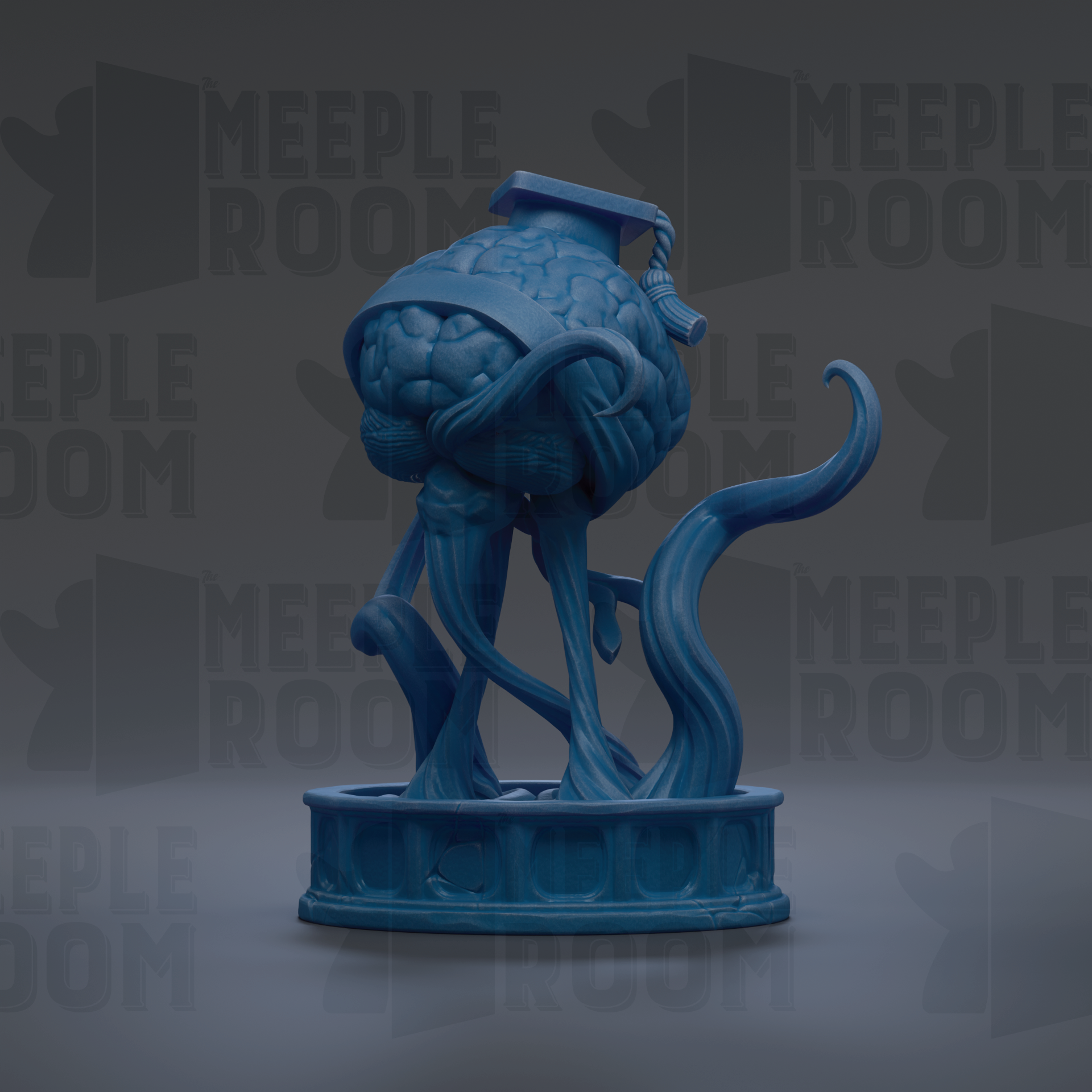A blue, abstract sculpture resembling a brain or skull, with a graduation cap on top, is displayed against a dark background with repeated text.