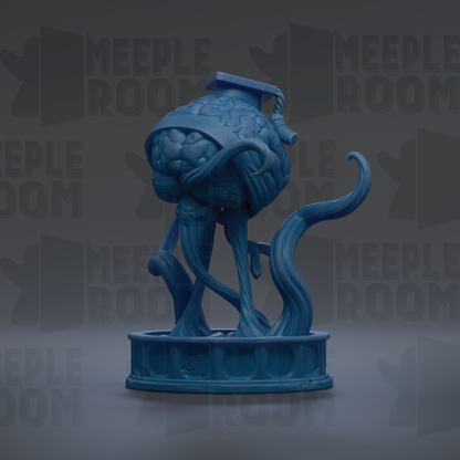 A blue, abstract sculpture resembling a brain or skull, with a graduation cap on top, is displayed against a dark background with repeated text.