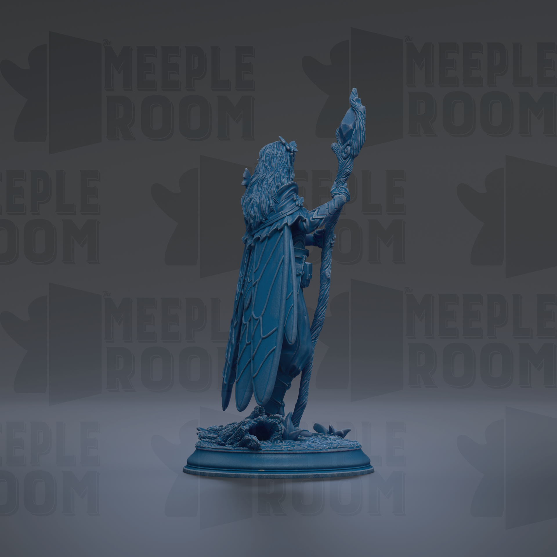 A blue figurine of a winged creature holding a staff, standing on a pedestal against a dark background with repeated "MEIPLLE ROOM" text.