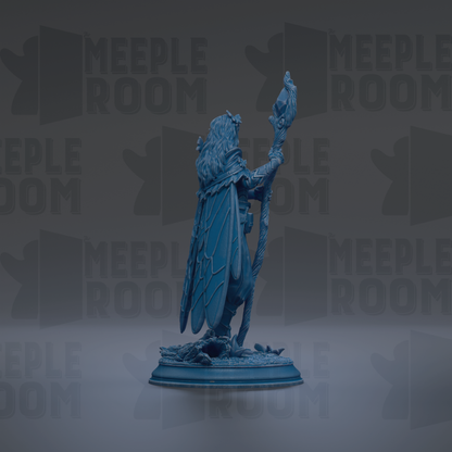 A blue figurine of a winged creature holding a staff, standing on a pedestal against a dark background with repeated "MEIPLLE ROOM" text.