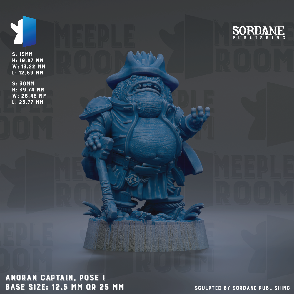 a blue figurine of a character, specifically Anoran Captain, posed in a dynamic stance. The figurine is described as a base size of 12.5 mm or 25 mm, and it is shown against a dark background with repeated text and logos.