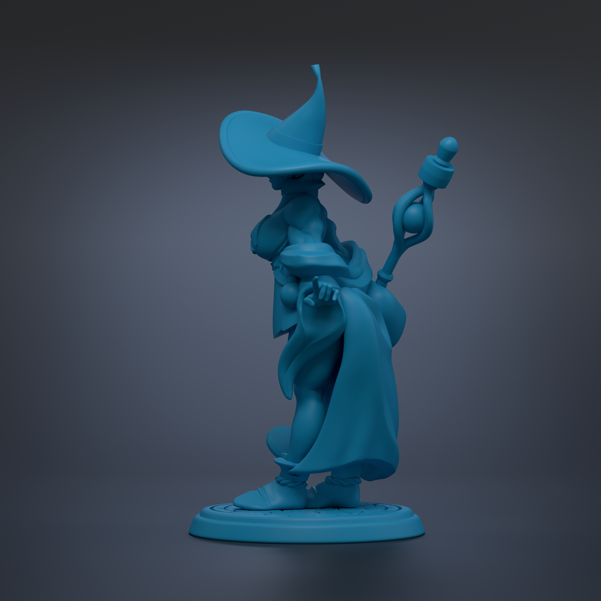 A blue 3D model of a wizard-like character with a pointed hat and a staff, standing on a base.