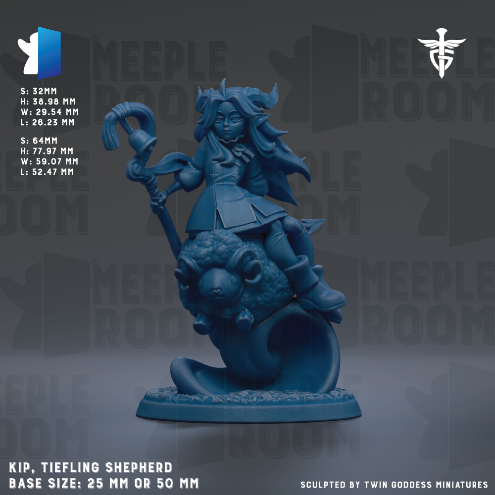 The image is a detailed figurine of a character, likely a shepherd or deity, with a blue color scheme. The figurine is shown in a dynamic pose, sitting on a large animal, possibly a ram or a sheep. The figurine is described as having a base size of 25mm or 50mm, and it is sculpted by Twin Goddesses miniatures. The image is not a collage of multiple images, but a single, detailed depiction of the character and the animal.