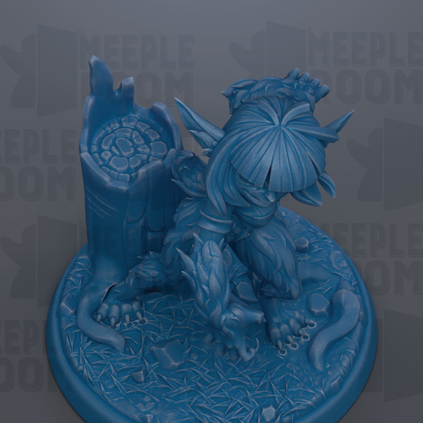 A 3D rendering of a blue, fantastical creature with intricate details and textures, sitting on a base with a textured surface.