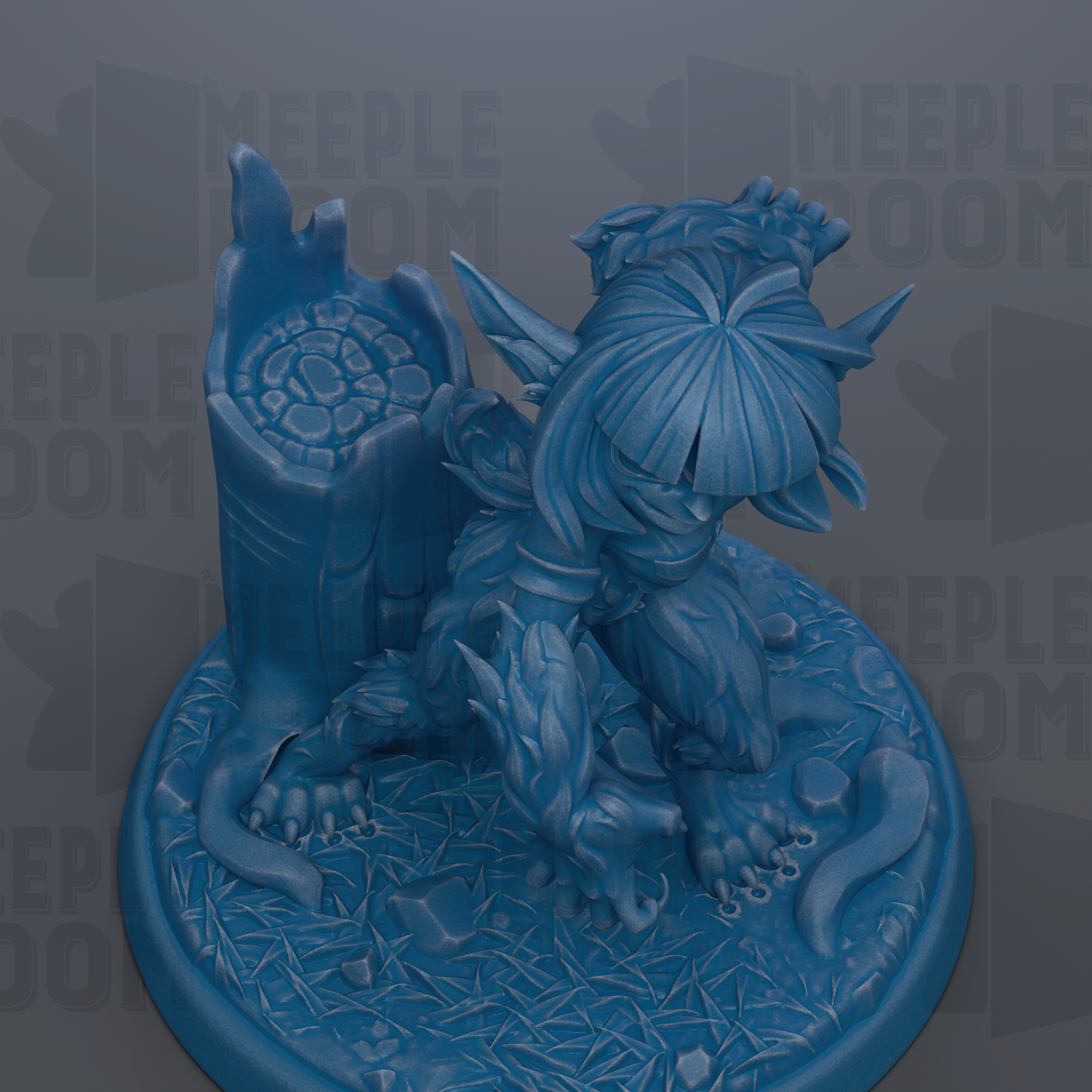 A 3D rendering of a blue, fantastical creature with intricate details and textures, sitting on a base with a textured surface.
