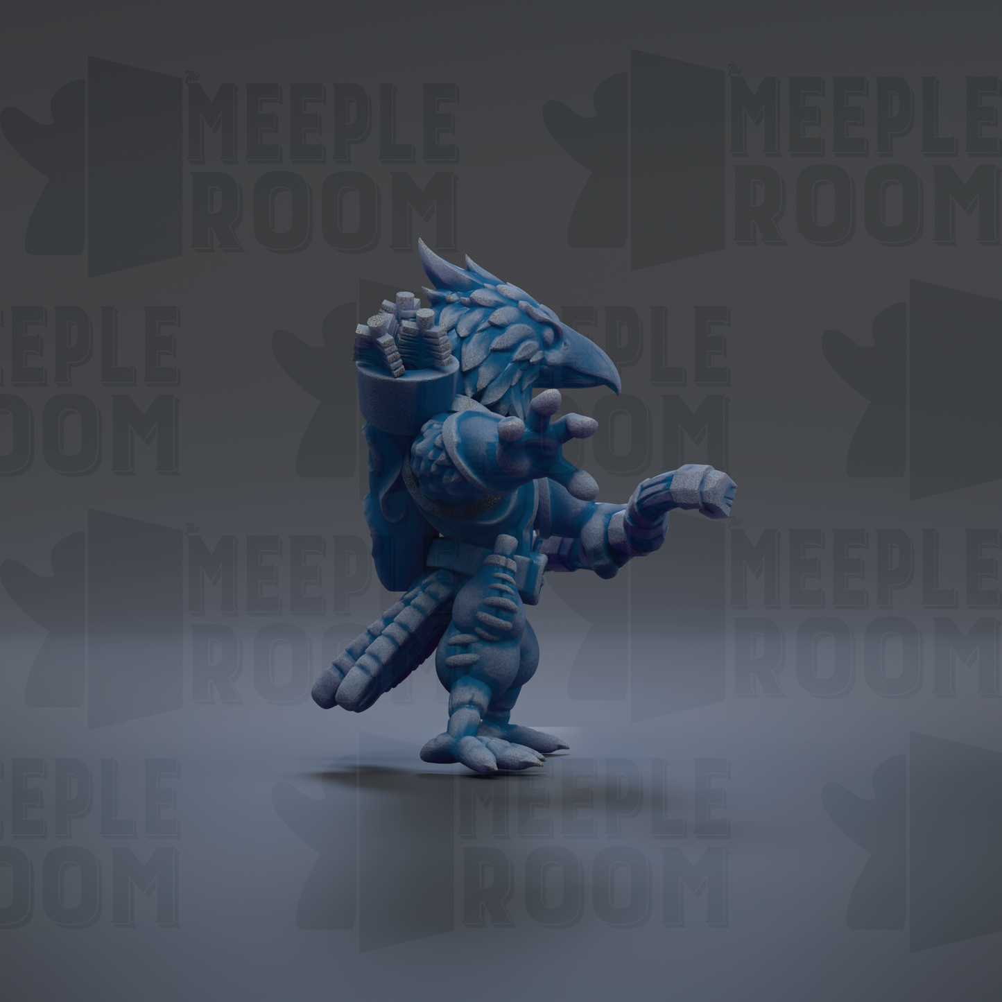 A 3D rendering of a blue, winged creature with a backpack, standing on a gray background with the text "MEUPLE ROOM" repeated multiple times.