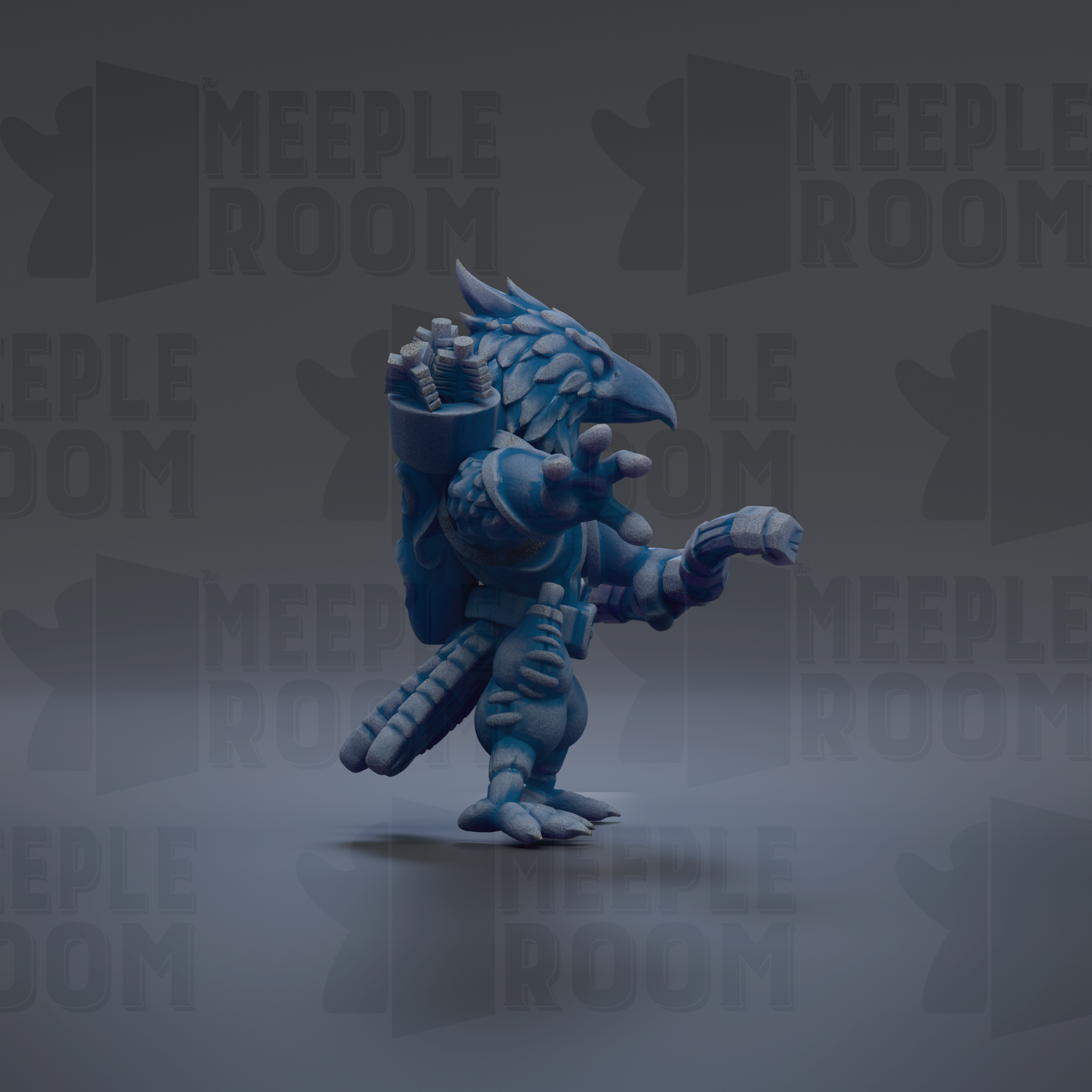 A 3D rendering of a blue, winged creature with a backpack, standing on a gray background with the text "MEUPLE ROOM" repeated multiple times.