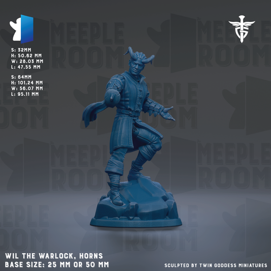 a blue figurine of a warrior character, specifically Wil the Warlock, with horns, standing on a rock. The figurine is described as a base size of 25mm or 50mm.