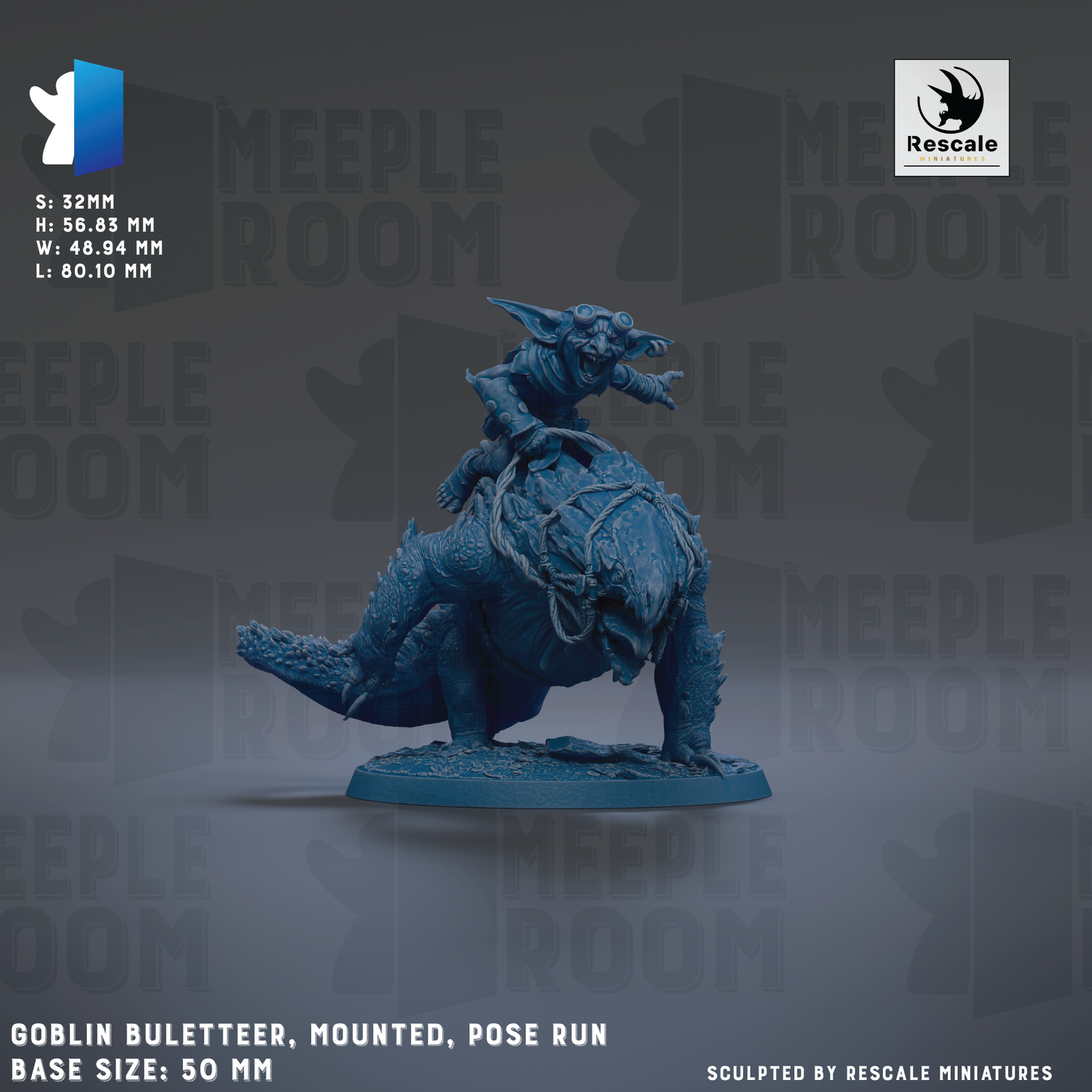 The image is a detailed miniature of a blue cobra-like creature with a human-like head, mounted on a blue base. The creature is posed in a running or crouching position, and the background is a dark gray color with the word "MEIPLE ROOM" repeated multiple times. The image is described as a "GOBlin Bulleteer, Mounted, Pose Run" and is labeled as a "base sizes 50 mm" and "sculpted by RESCALE MINIATURES".