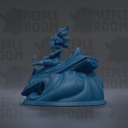 A blue, 3D-rendered figurine of a person sitting on a wave-like structure, with the text "MEUPLE ROOM" repeated in the background.