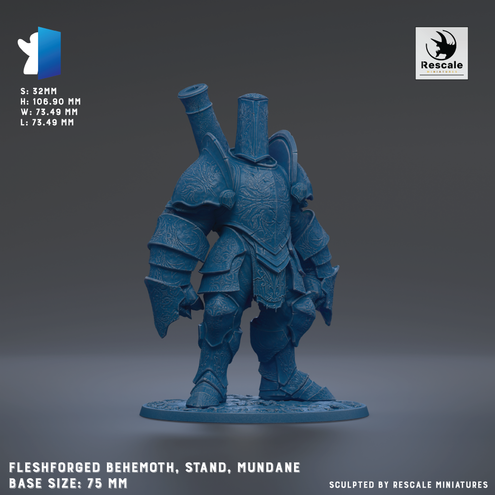 A 3D printed model of a fleshforged behemoth, a type of armored warrior, with a detailed design and a blue color.