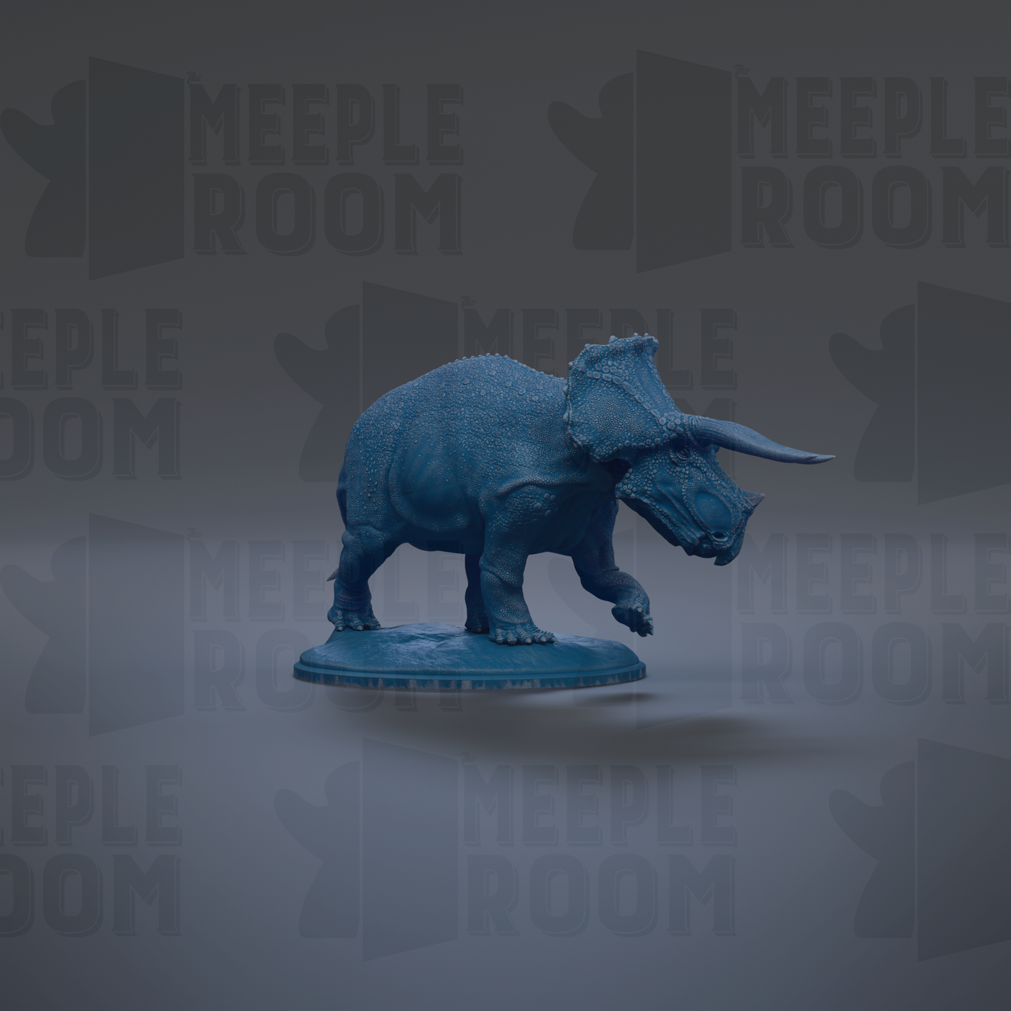 A blue toy dinosaur figurine is standing on a base against a dark background with repeated text.