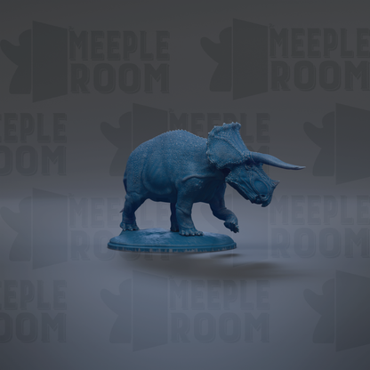 A blue toy dinosaur figurine is standing on a base against a dark background with repeated text.