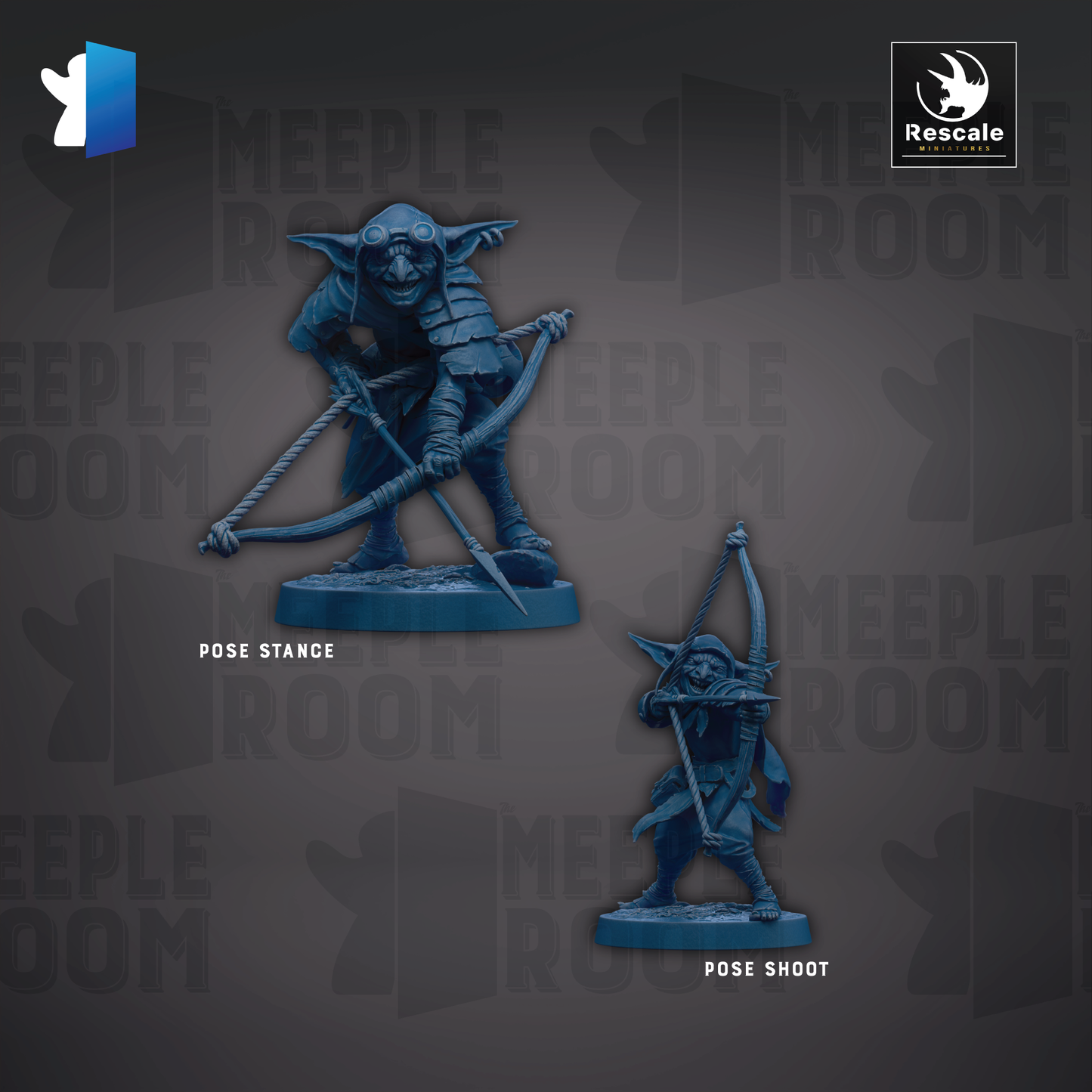 two figurines of a character, one standing and one crouching, both holding weapons and posing for the camera.