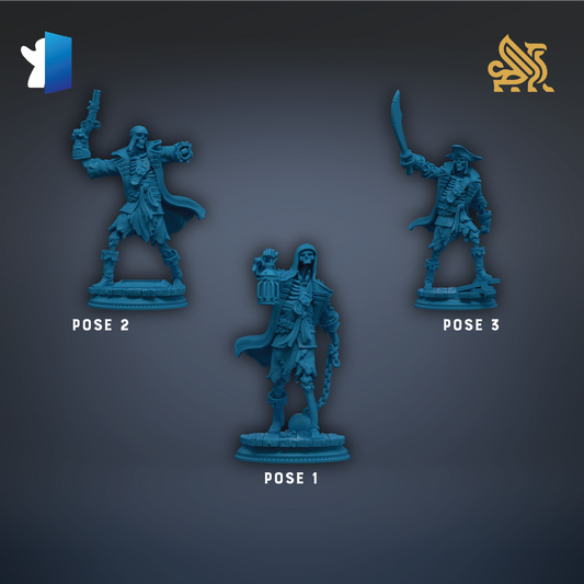 three blue pirate-themed figurines, each with different poses, arranged against a dark background.