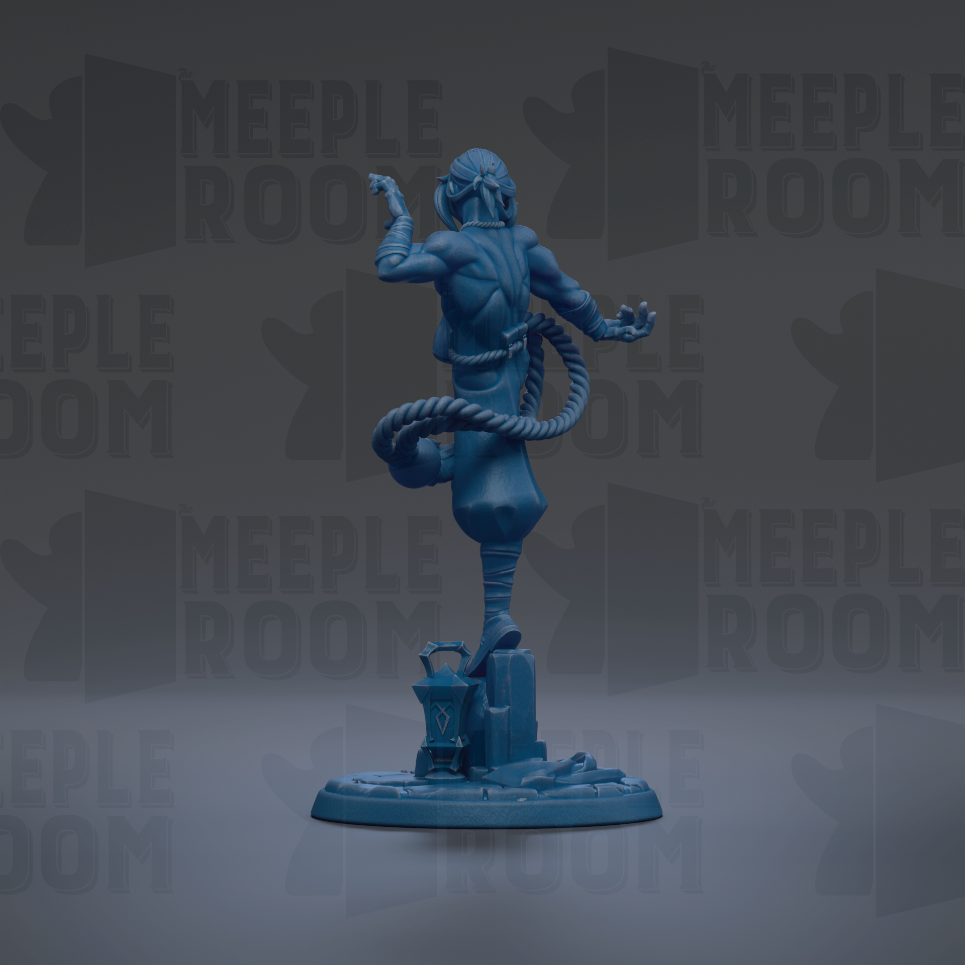 A blue figurine of a person with a rope around their neck, standing on a base and holding a lantern.
