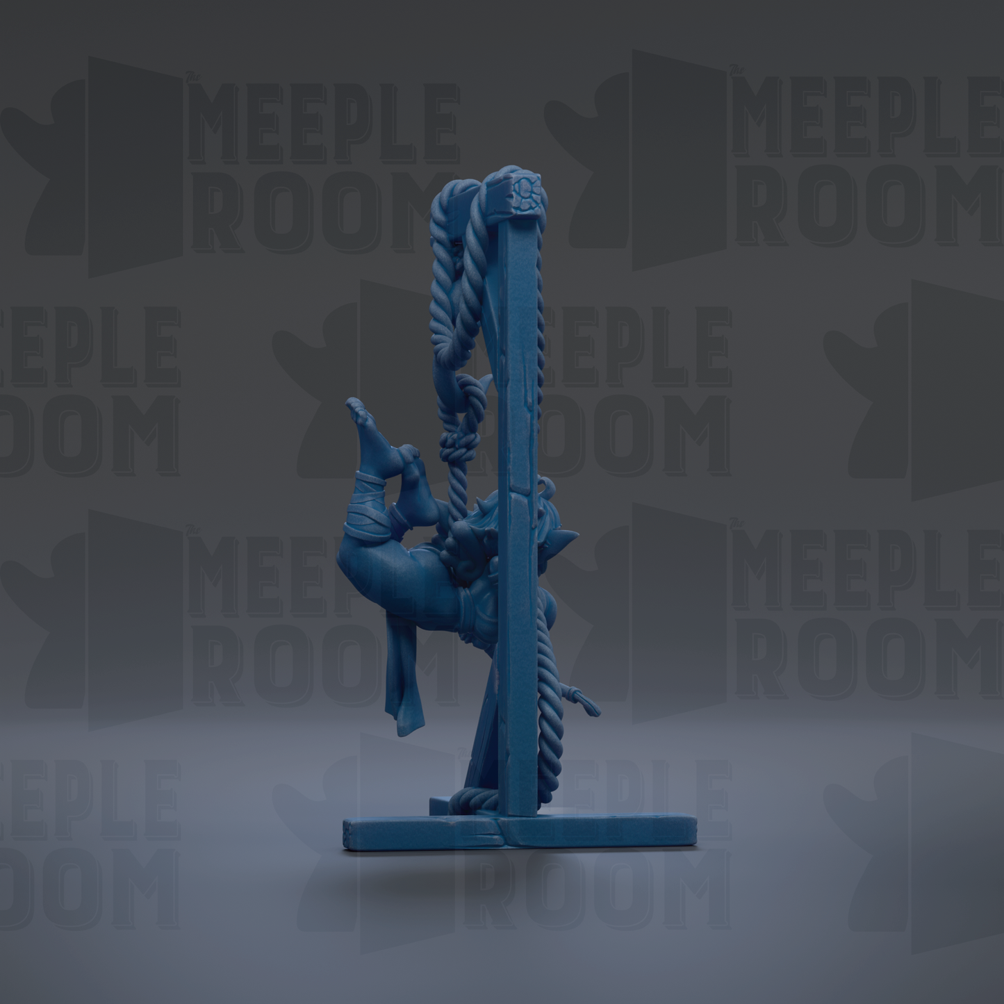 A blue figurine is hanging from a rope against a dark background with repeated text.