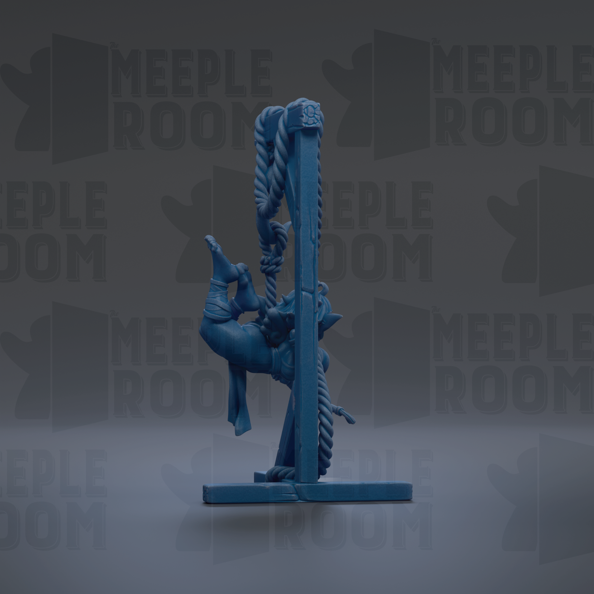 A blue figurine is hanging from a rope against a dark background with repeated text.