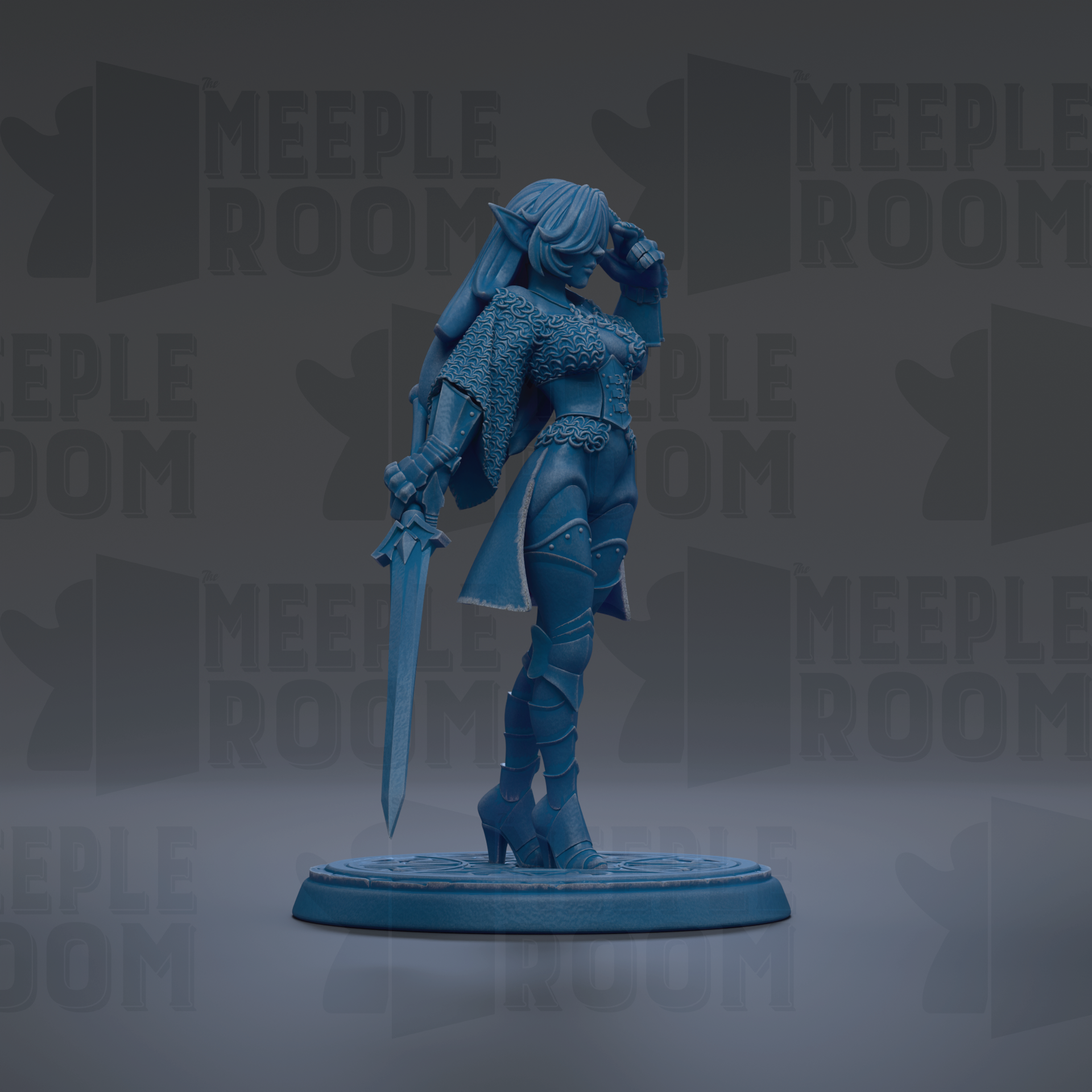 A blue figurine of a female character with a sword and a flowing cape, standing on a circular base against a dark background with repeated text.
