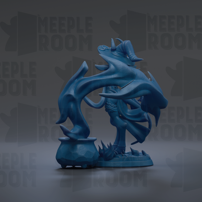 A blue, abstract sculpture with flowing, organic shapes and a dark background with repeated text.