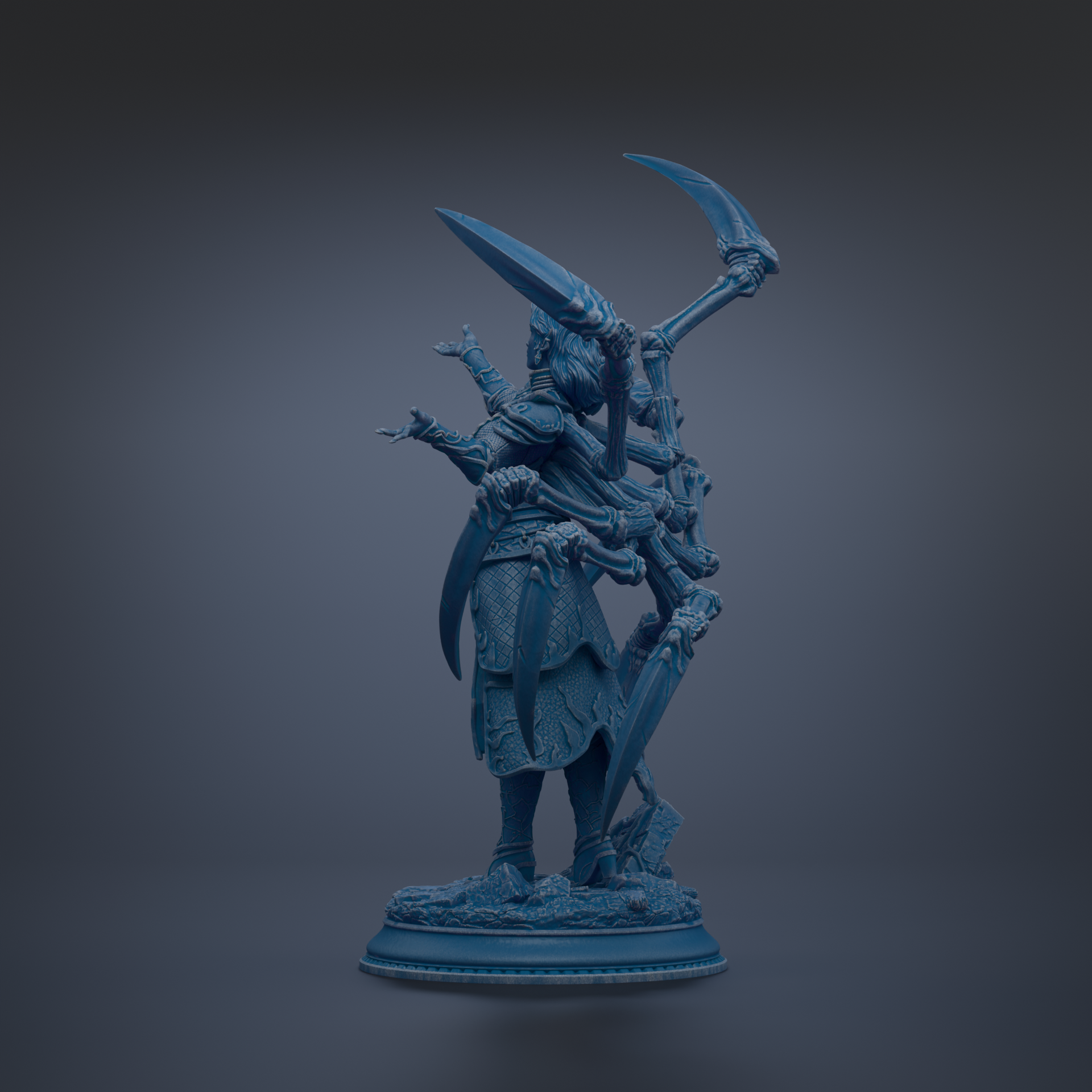 A blue, 3D-rendered statue of a figure with multiple arms and weapons, standing on a base.