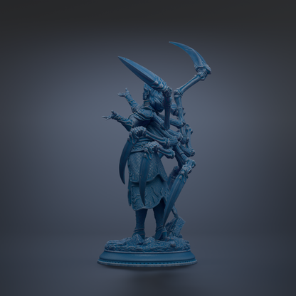 A blue, 3D-rendered statue of a figure with multiple arms and weapons, standing on a base.