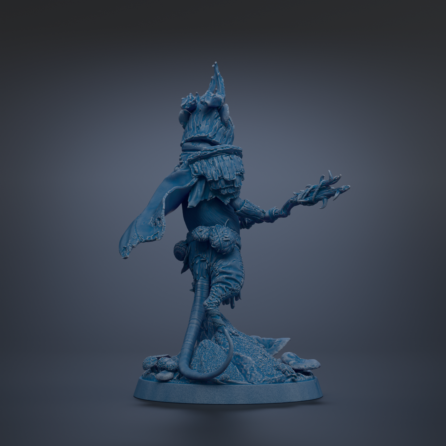 A blue, 3D-rendered statue of a fantastical creature with an intricate, detailed design.