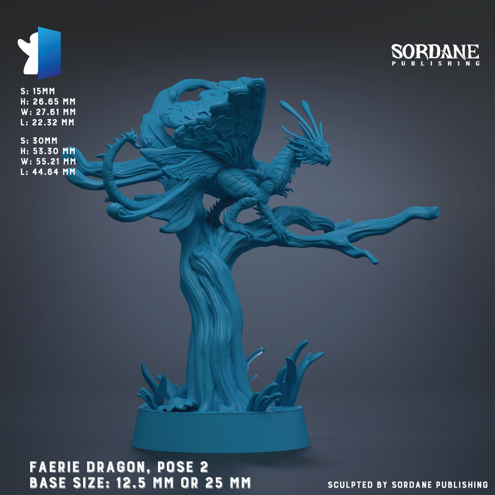 a large, blue dragon statue posed on a tree branch. The dragon has a long tail and is depicted in a dynamic, winged pose. The base size of the dragon is either 12.5 mm or 25 mm, depending on the perspective. The image is a sculpture and does not contain any text.