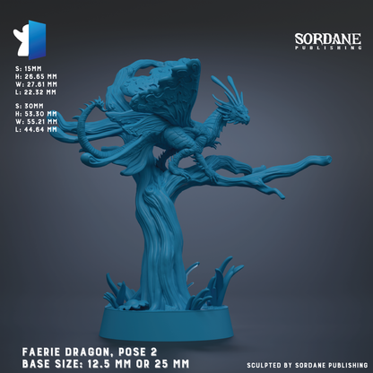 a large, blue dragon statue posed on a tree branch. The dragon has a long tail and is depicted in a dynamic, winged pose. The base size of the dragon is either 12.5 mm or 25 mm, depending on the perspective. The image is a sculpture and does not contain any text.