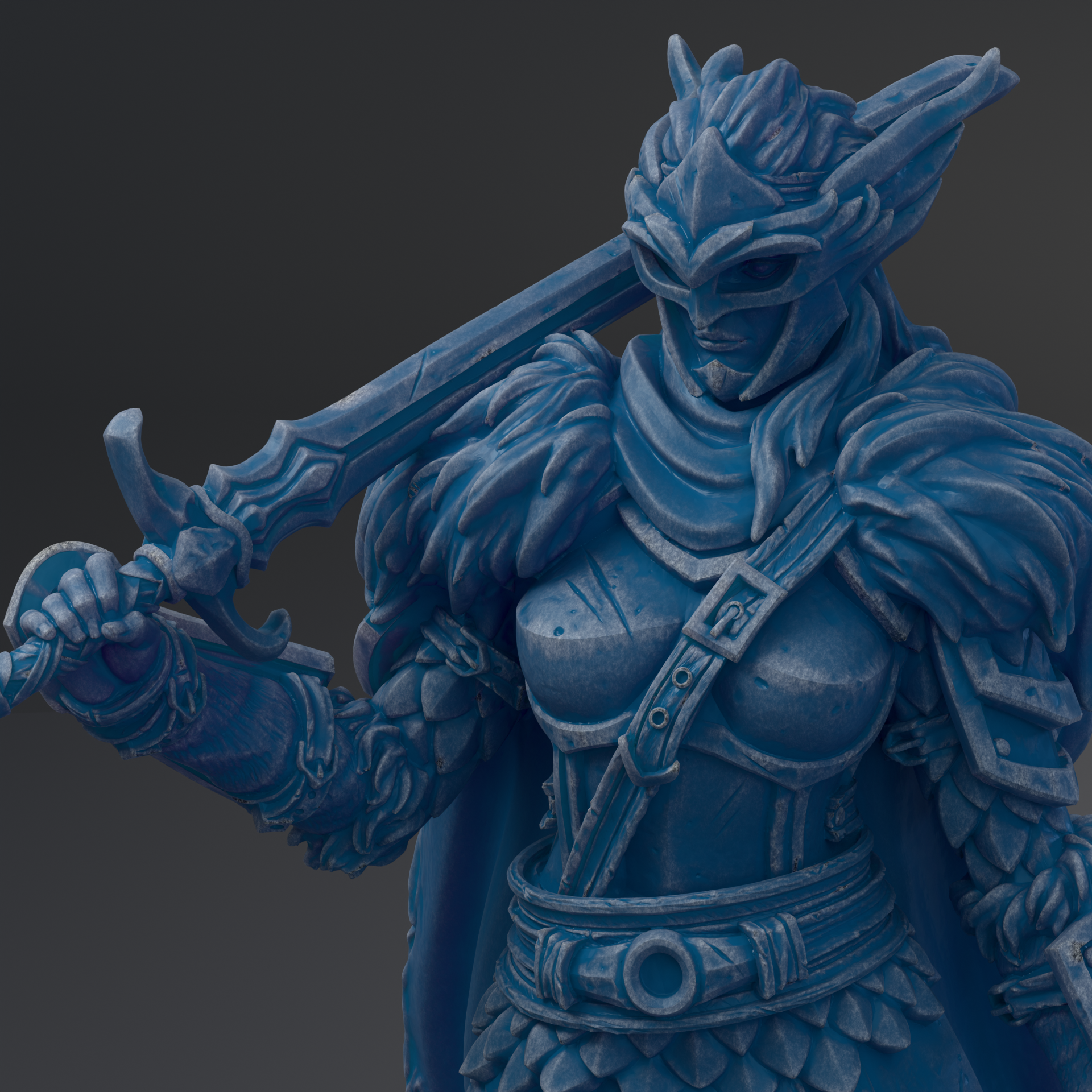A detailed 3D rendering of a warrior figure in blue armor, holding a sword and standing in a fighting stance.