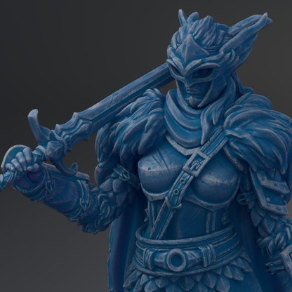 A detailed 3D rendering of a warrior figure in blue armor, holding a sword and standing in a fighting stance.