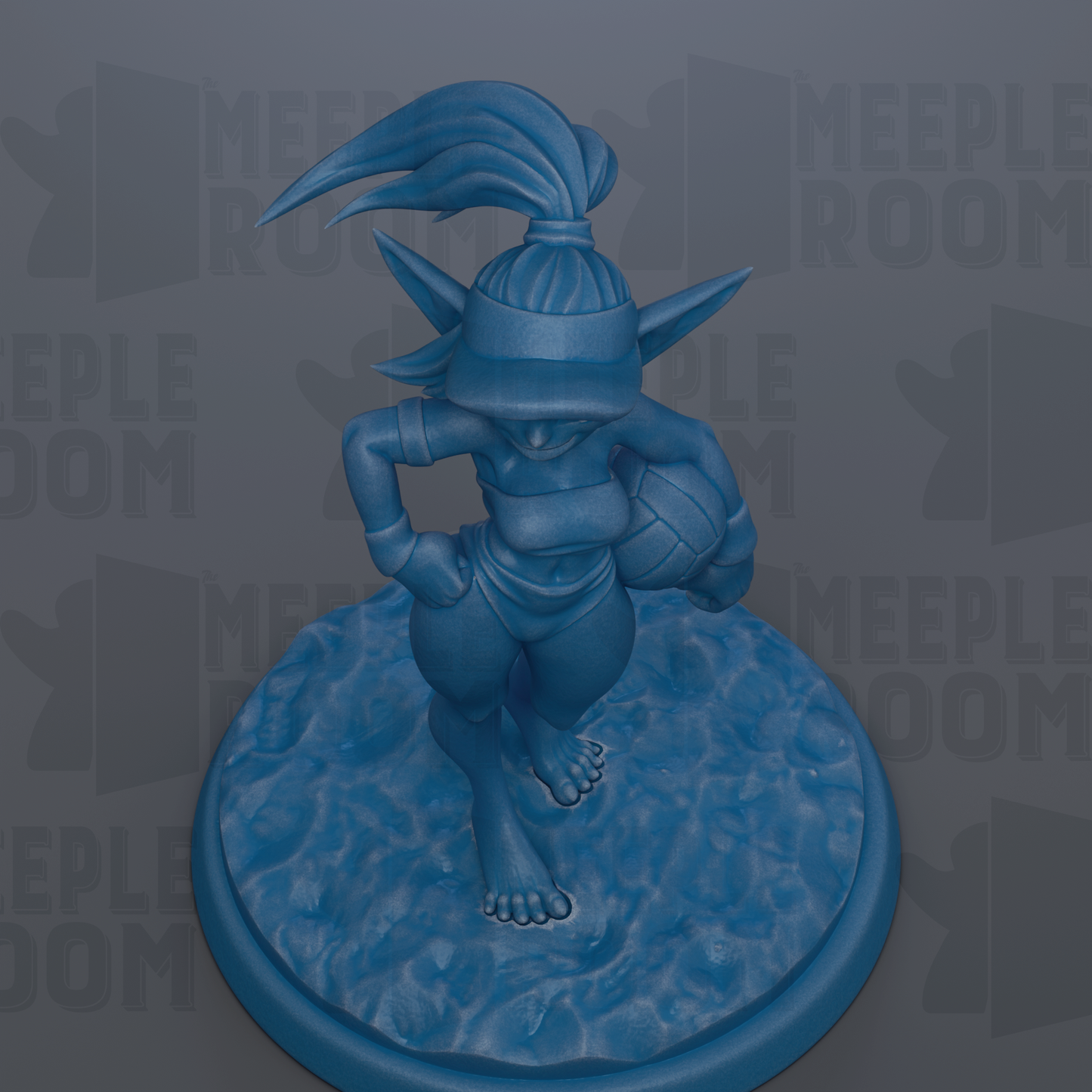 A blue figurine of a person standing on a blue base, holding a ball and wearing a headband.